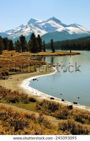 Beautiful View of Mountain and Shoreline, Maligne Lake, Jasper, National Park, Alberta, Canada