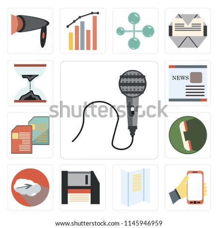 Set Of 13 simple editable icons such as Voice recorder, Mobile phone, Text lines, Floppy disk, Cloud computing, Phone call, Sand clock, web ui icon pack