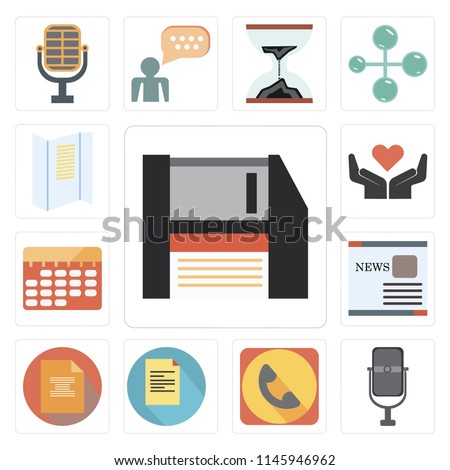 Set Of 13 simple editable icons such as Floppy disk, Voice recorder, Phone call, Text lines, Weekly calendar, Hand gesture, web ui icon pack