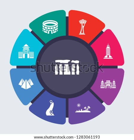 architecture and travel vector template for infographics. Business concept with 9 options, steps, parts, segments. Banner infographic cycling diagram, round chart, Stonehenge, Stadium icons