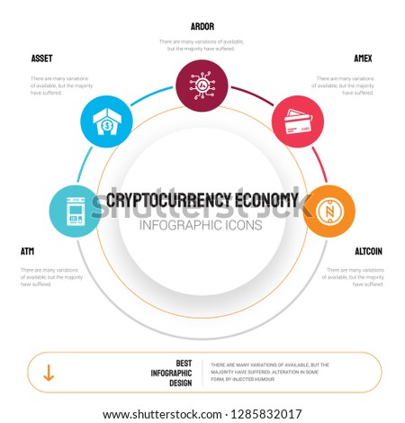 Abstract infographics of cryptocurrency economy template. Atm, asset, Ardor, Amex, Altcoin icons can be used for workflow layout, diagram, business step options, banner, web design.