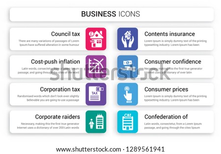 Set of 8 white business icons such as Council tax, Cost-push inflation, Corporation Corporate raiders, Contents insurance, Consumer confidence isolated on colorful background