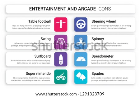Set of 8 white entertainment and arcade icons such as Table football, Swing, Surfboard, Super nintendo, Steering wheel, Spinner isolated on colorful background