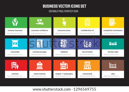 Set of 15 flat business icons - Contents insurance, Consumer confidence, Chapter 11 bankruptcy, Competition Commission, Chartists. Vector illustration isolated on colorful background
