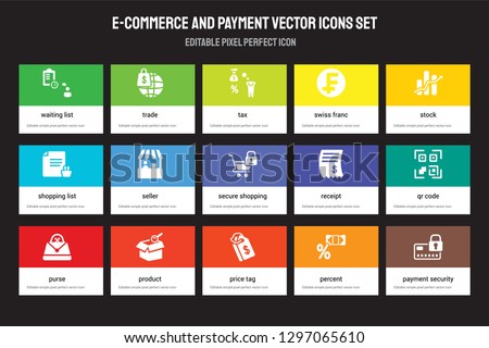 Set of 15 flat e-commerce and payment icons - Waiting list, Trade, Price tag, Stock, Purse, Receipt, Qr code, Percent. Vector illustration isolated on colorful background