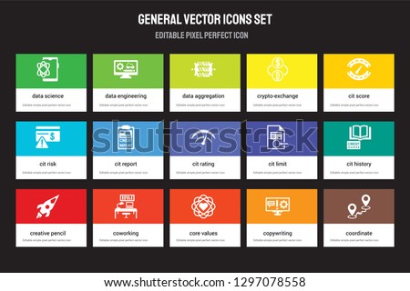 Set of 15 flat general icons - data science, engineering, core values, cit score, creative pencil rocket, limit, history, copywriting. Vector illustration isolated on colorful background