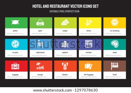 Set of 15 flat hotel and restaurant icons - Pillow, Open, Lobster, No smoking, Luggage, Minibar, Meat, Left-luggage. Vector illustration isolated on colorful background