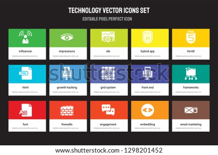 Set of 15 flat technology icons - Influencer, Impressions, Engagement, HTML5, Font, Front end, Frameworks, Embedding. Vector illustration isolated on colorful background