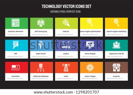 Set of 15 flat technology icons - Semantic elements, Self-closing tag, Reach, Search engine marketing, Resolution. Vector illustration isolated on colorful background