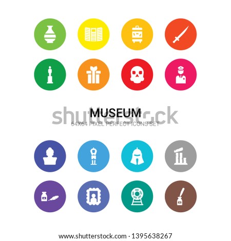16 museum vector icons set included poetry, porcelain, portrait, quill, relics, roman or greek helmet, sarcophagus, sculpture, security guard, skeleton, souvenir icons