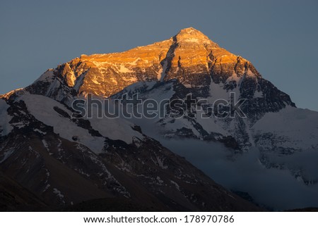 Closeup view of the north face of Mt. Everest at sunset, Tibet