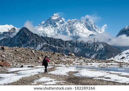 Trekking in Everest region, with a view of Mt.Everest from Renjo Pass, Nepal