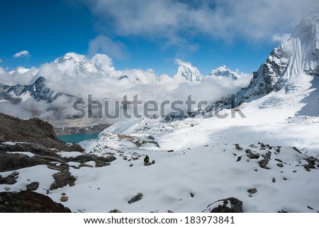 A view of Mt. Everest and himalayas mountain range from Renjo pass, Everest region, Nepal
