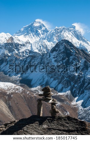 Stone stack, with Mt. Everest in background, Gokyo Ri, Nepal