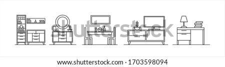 Set of simple vector icons, linear furniture icons, desk, workplace, dining table, dining room, library, chest of drawers for the bedroom, cabinet for storing things, books. Linear logo.