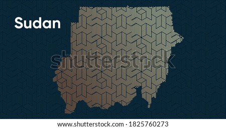 Card with a stylized oriental overlapping pattern and a transform effect. Oriental gold pattern with overlap superimposed on map. Sudan Political Map