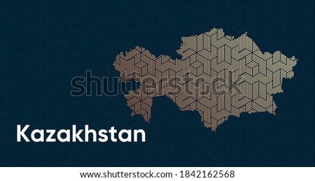 Card with a stylized oriental overlapping pattern and a transform effect. Oriental gold pattern with overlap superimposed on map. Kazakhstan Political Map