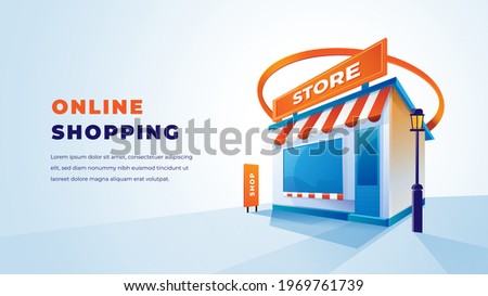  illustration 3d Store and online shopping, with clean elegant 3D design. Vector