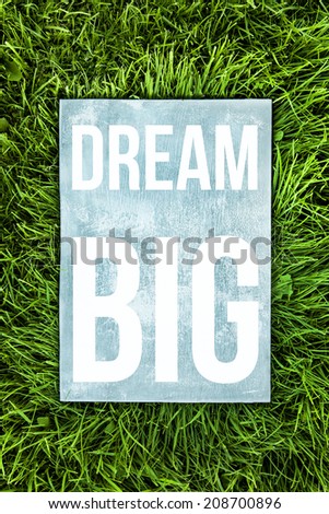 inspirational old grunge  wooden poster laying on the grass saying \