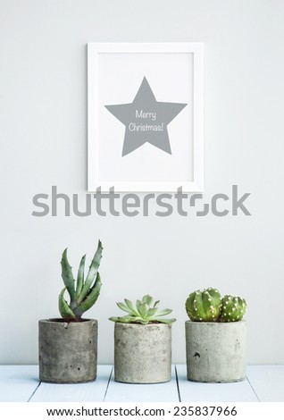 scandinavian or american style room interior poster  quote MERRY CHRISTMAS with succulents in diy concrete pots