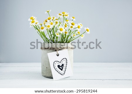 Bouquet of daisy-chamomile flowers in concrete pot in the morning  with  hand drawn doodle heart on the gift tag.
