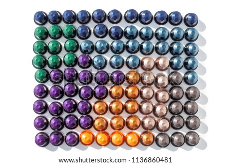 Similar – Image, Stock Photo Pattern of coffee capsules on pink background