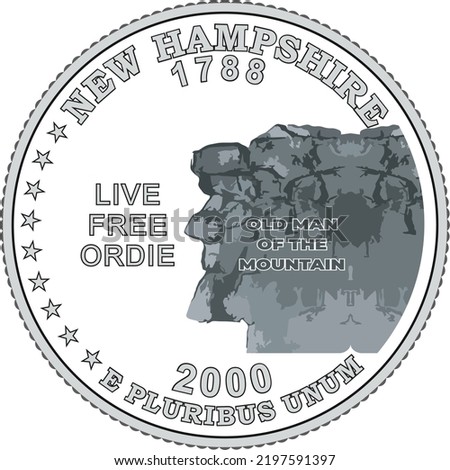 New Hampshire US Quarter Dollar Coin,  Coin 25 US cents. States and territories. Obverse and reverse sides of the New Hampshire State Commemorative Quarter, Vector.