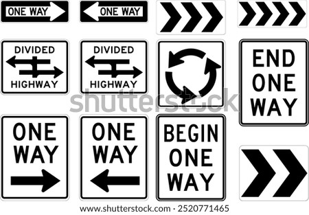 Complete Set of Directional Road Signs: One Way, Divided Highway, Roundabout Chevrons, and Traffic Circulation for Efficient Road Navigation. Road signs in the United States.