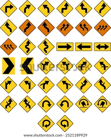 Directional and Curve Traffic Signs: Turns, Curves, Lane Shifts, Winding Roads, Arrows, Chevrons, and Truck Rollover Warnings. Road signs in the United States.