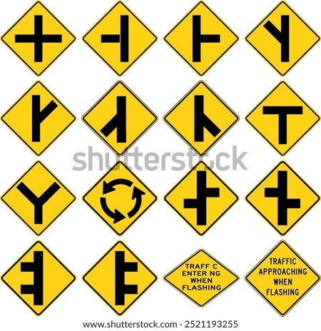 Intersection and Roadway Traffic Signs: Crossroads, T-Intersections, Y-Intersections, Roundabouts, Side Roads, and Flashing Traffic Alerts. Road signs in the United States.