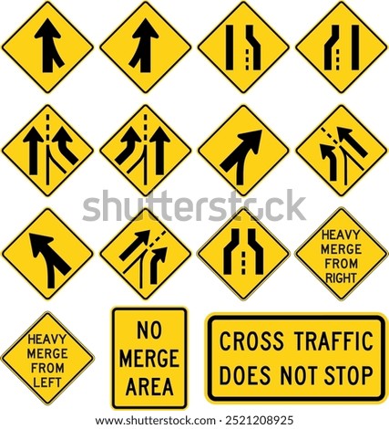 Lanes and Merge Traffic Signs: Right and Left Merges, Lane Ends, Added Lanes, Heavy Merge, and No Merge Area Plaques. Road signs in the United States.