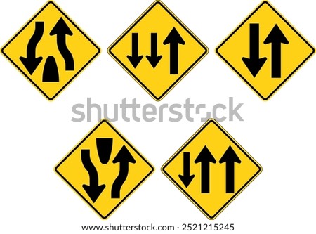 Divided Highway and Two-Way Traffic Signs: Start, End, and 3-Lane Traffic Flow Indicators. Road signs in the United States.