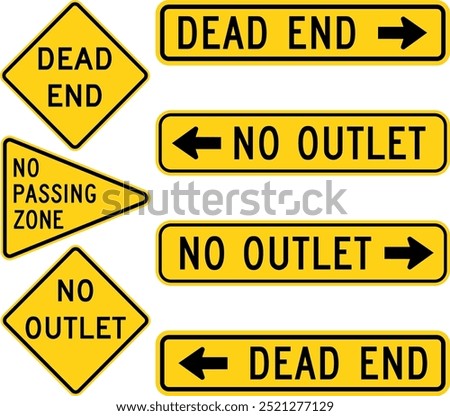 Dead End, No Outlet, and No Passing Zone Road Signs Collection Featuring Left and Right Directional Warnings. Road signs in the United States.