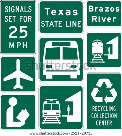 General Information Signs Collection Featuring Traffic Signal Speed, State Line, River, Library, and Recycling Collection Center. Road signs in the United States.