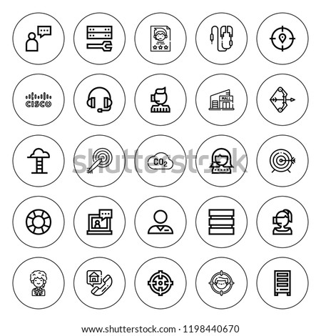 Center icon set. collection of 25 outline center icons with archery, call center, co, cisco, darts, earphone, database, goals, mall, receptionist icons. editable icons.