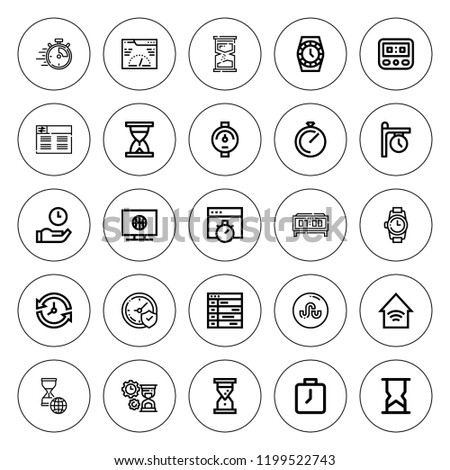 Timer icon set. collection of 25 outline timer icons with clock, chronometer, gauge, hourglass, sand clock, schedule, stopwatch, speedometer, smart home icons. editable icons.