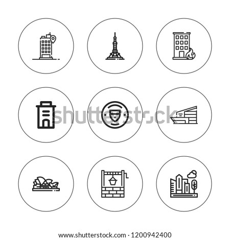 Skyscraper icon set. collection of 9 outline skyscraper icons with building, buildings, city, hotel, manchester city, opera house icons. editable icons.