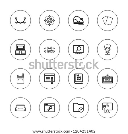 Information icon set. collection of 16 outline information icons with book, call center, browser, cigarettes, cards, cisco, email, folder, mouse, network, open icons.