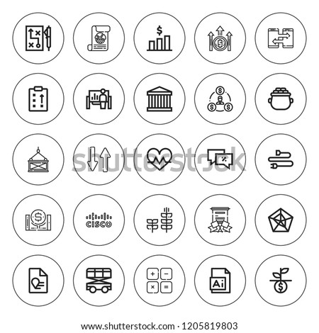 Graph icon set. collection of 25 outline graph icons with bank, chart, cardiogram, cisco, data, gold, grows, growth, maths, loader, illustration icons. editable icons.