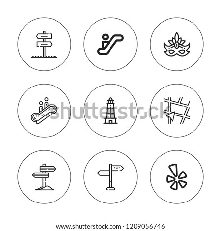 Guide icon set. collection of 9 outline guide icons with direction, directions, escalator, lighthouse, mask, sign post, signpost icons. editable icons.