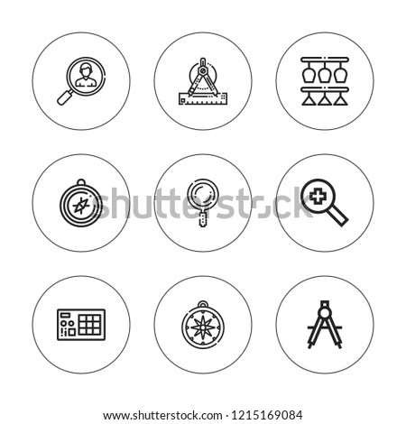 Exploration icon set. collection of 9 outline exploration icons with compass, launchpad, glass, search icons. editable icons.
