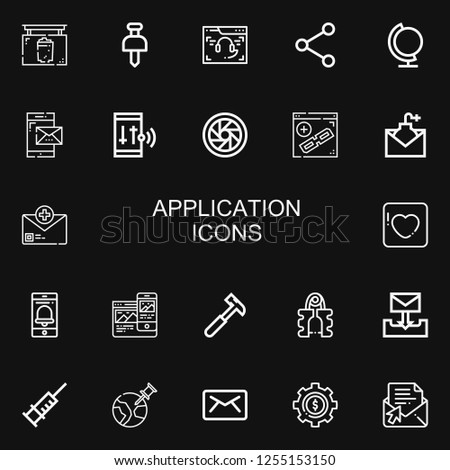 Editable 22 application icons for web and mobile. Set of application included icons line Pub, Pushpin, Browser, Share, Globe, Smartphone, Shutter, Email, Badoo on black background