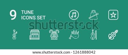 Editable 9 tune icons for web and mobile. Set of tune included icons line Violin, Bagpipes, Lyre, Philharmonic, Itunes, Cowbell on green background