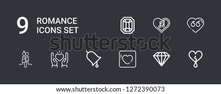 Editable 9 romance icons for web and mobile. Set of romance included icons line Heart, Diamond, Badoo, Ring, Couple, Gem on dark background