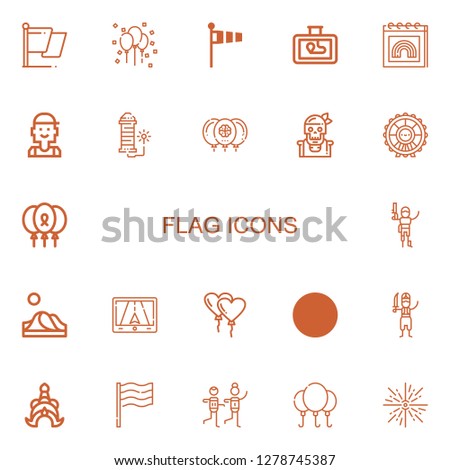 Editable 22 flag icons for web and mobile. Set of flag included icons line Flag, Balloon, Windsock, Gps, Pride, Checker, Fireworks, Pirate, London eye, Balloons on white background