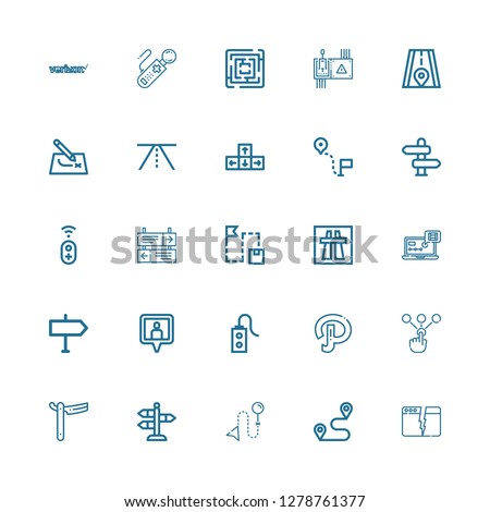 Editable 25 path icons for web and mobile. Set of path included icons line Split, Route, Direction, Street, Straight, Choice, Path, Controller, Location pin on white background