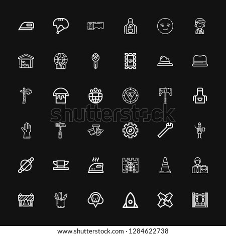 Editable 36 work icons for web and mobile. Set of work included icons line Robot arm, Teamwork, Startup, Co, Pencil case, Barrier, Employee, Traffic cone, Gate on black background