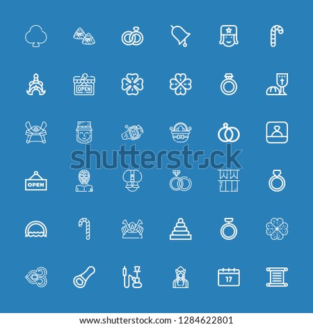 Editable 36 tradition icons for web and mobile. Set of tradition included icons line Torah, Saint Patrick, Dutch, Hookah, Opener, Thai, Clover, Ring, Rings on blue background