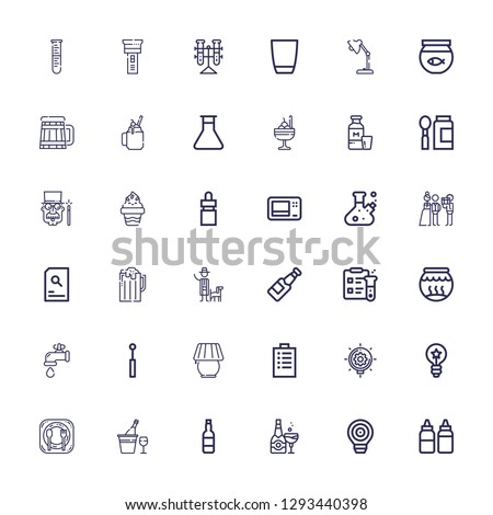 Editable 36 glass icons for web and mobile. Set of glass included icons line Sauces, Idea, Champagne, Beer, Restaurant, Padnote, Lamp, Mirror, Water tap, Fishbowl on white background