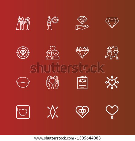 Editable 16 romance icons for web and mobile. Set of romance included icons line Heart, Broken heart, Diamond, Badoo, Wedding invitation, Love, Lips, Couple, Cynicism, Newlyweds on red